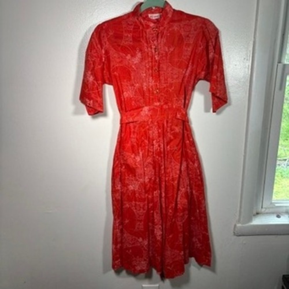 Vintage 70s Mindy Malone Shirt Dress Red Chinoiserie KneeLength Kitsch Secretary